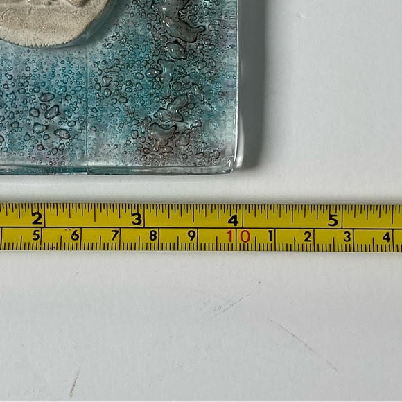 Fused Art Glass Wall Hanging Cherub Cupid Angel Plaque Blue Green 5.25” Square - Picture 12 of 16